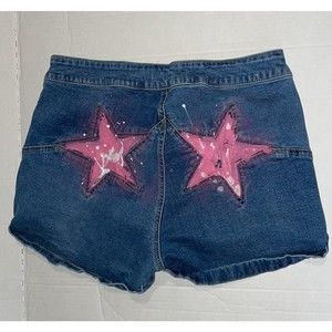 Vintage PACSUN pink stars booty zip denim raver egirl sexy blue Jean Shorts 10